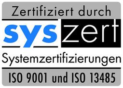 Zertifiziert durch syszert - Systemzertifizierungen ISO 9001 und ISO 13485